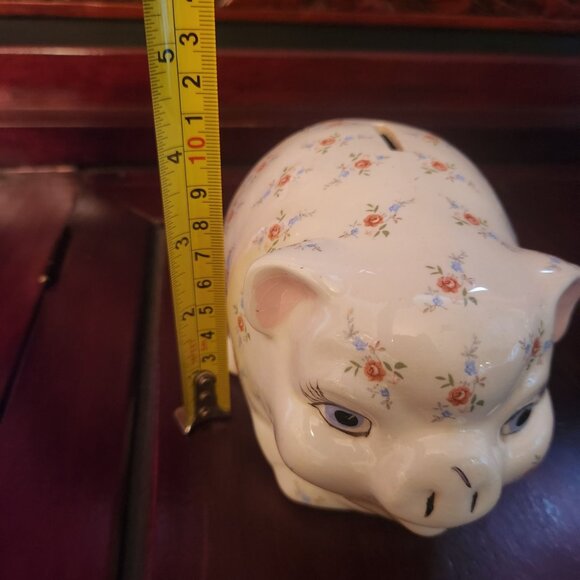 Vintage Ceramic Piggy Bank With Floral Pattern & Blue Eyes 5" L x 4.5" W x 4" H - Picture 9 of 9